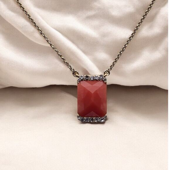 Red Coral and Rhinestone Vintage Signed Monet Pendant Necklace - Picture 4 of 6